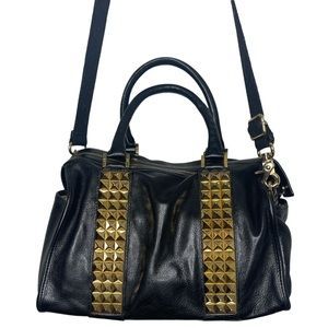 Tory Burch Black Leather Gold Pyramid Studded Crossbody Satchel